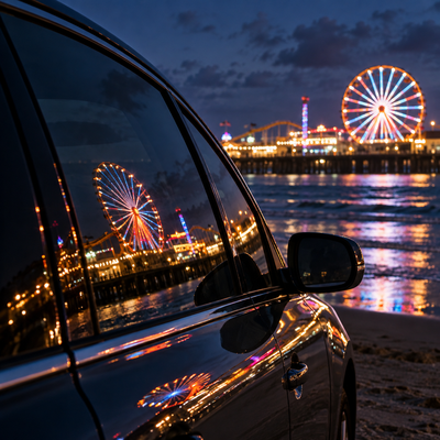 Un oficial de policía habla con calma con un adulto junto a un automóvil cerca de un festival en Galveston durante la noche.