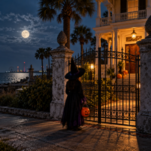 Entrada decorada a una fiesta de Halloween en Galveston con aviso de propiedad privada